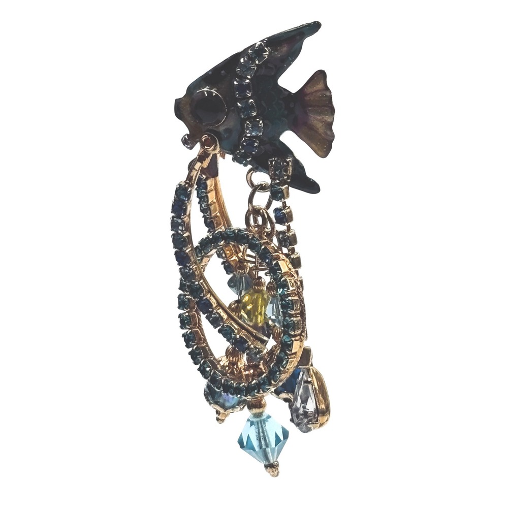 Lunch at The Ritz Fish Drop Earrings Blue Crystal Enamel Gold Tone Nautical